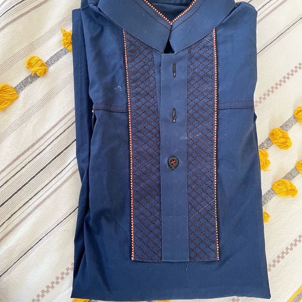 Navy Blue Embroidered Shirt , bright blue green , white , multiple kurta